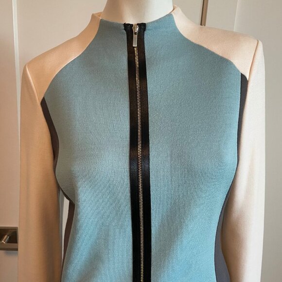 St. John Colorblock Full Zip Wool Rayon Knit Cardigan Blue Cream Grey Blk Sz 4 - Picture 3 of 12